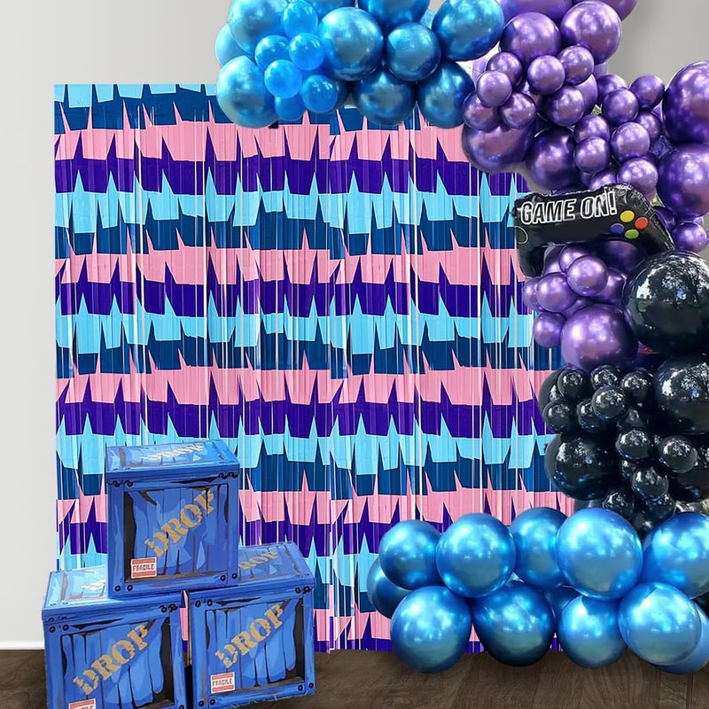 partyzoa Video Game Foil Fringe Curtains Backdrop Birthday Party Decorations, 2 Pack 3.28 x 6.56 Ft Purple Blue Pink Tinsel Streamer Photo Booth Props for Boys Gaming Baby Shower Party Decor Supplies Favors - Image 5